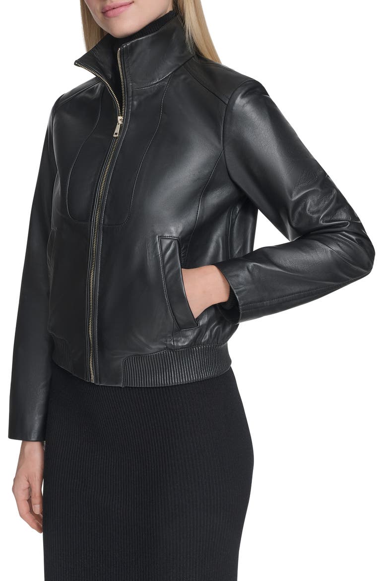 Stand Collar Leather Bomber Jacket, Alternate, color, BLACK