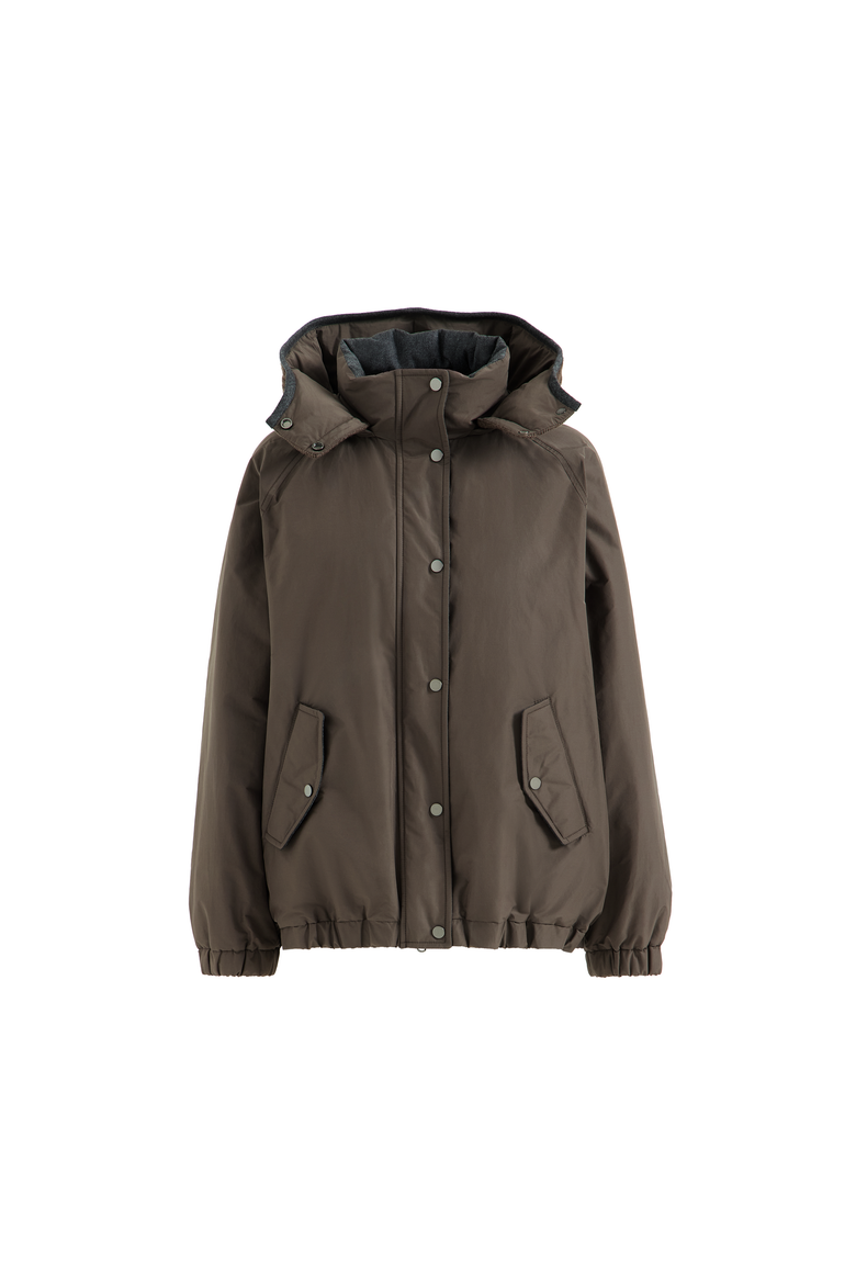 Techno cotton taffeta outerwear jacket with detachable knit hood and shiny zipper pull, Alternate, color, Brown