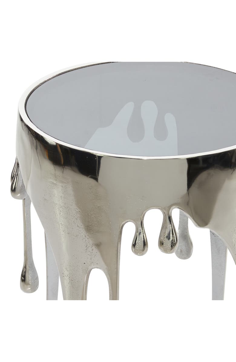 VIVIAN LUNE HOME Silver Aluminum Drip Accent Table with Melting Designed Legs and Shaded Glass Top, Alternate, color, 