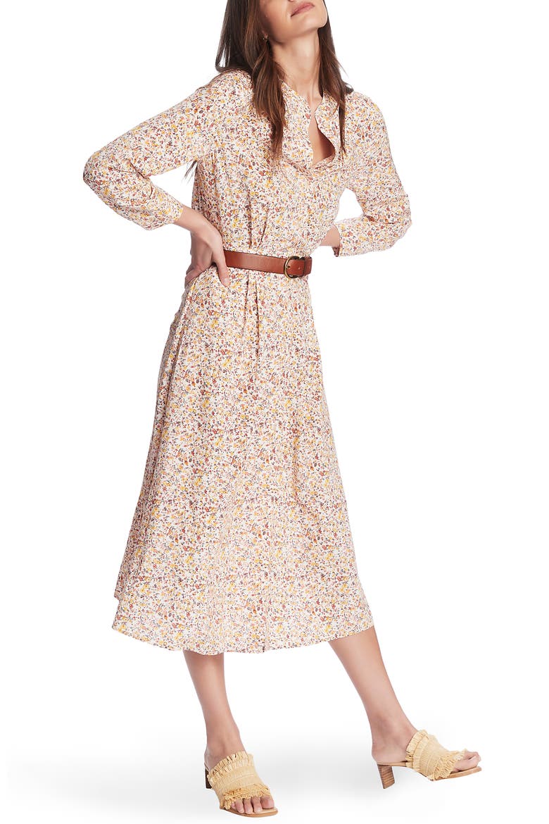 Woodland Ditzy Long Sleeve Midi Shirtdress, Alternate, color, VINTAGE IVORY MULTI
