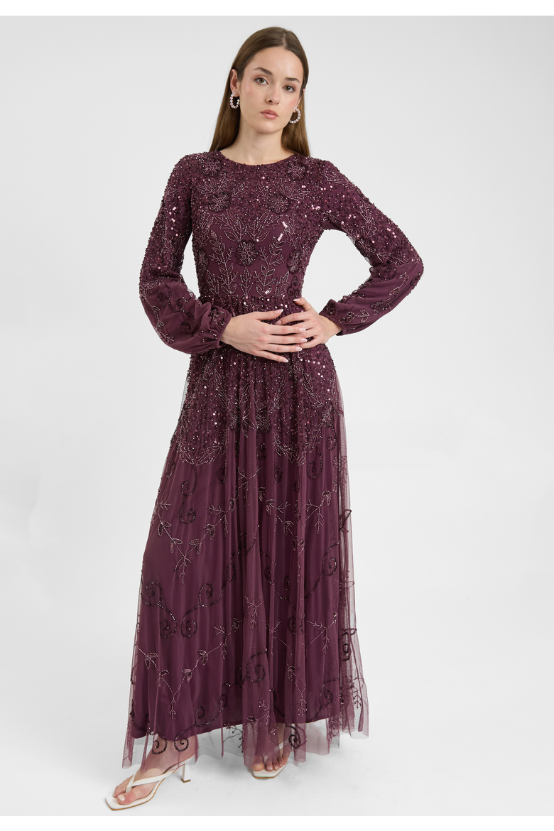 Modest Embellished Sequin Beaded Dress Maxi With Boat Neck, Alternate, color, MAUVE
