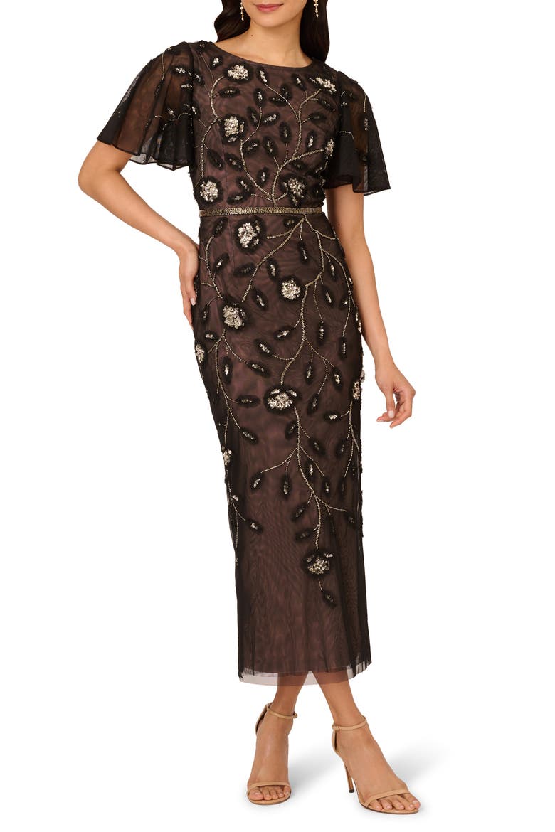 Beaded Mesh Sheath Dress, Main, color, BLACK/ ROSEGOLD