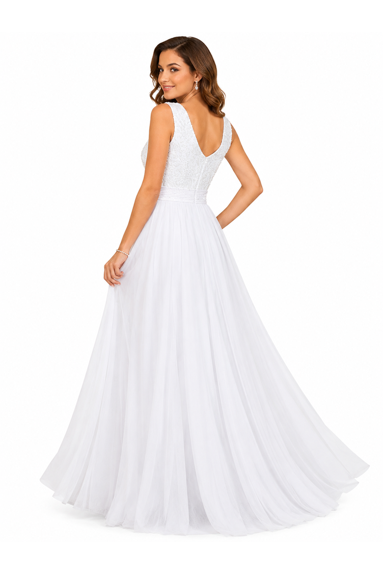 Beaded Faux-Wrap V-Neck Bridal Gown, Alternate, color, Ivory