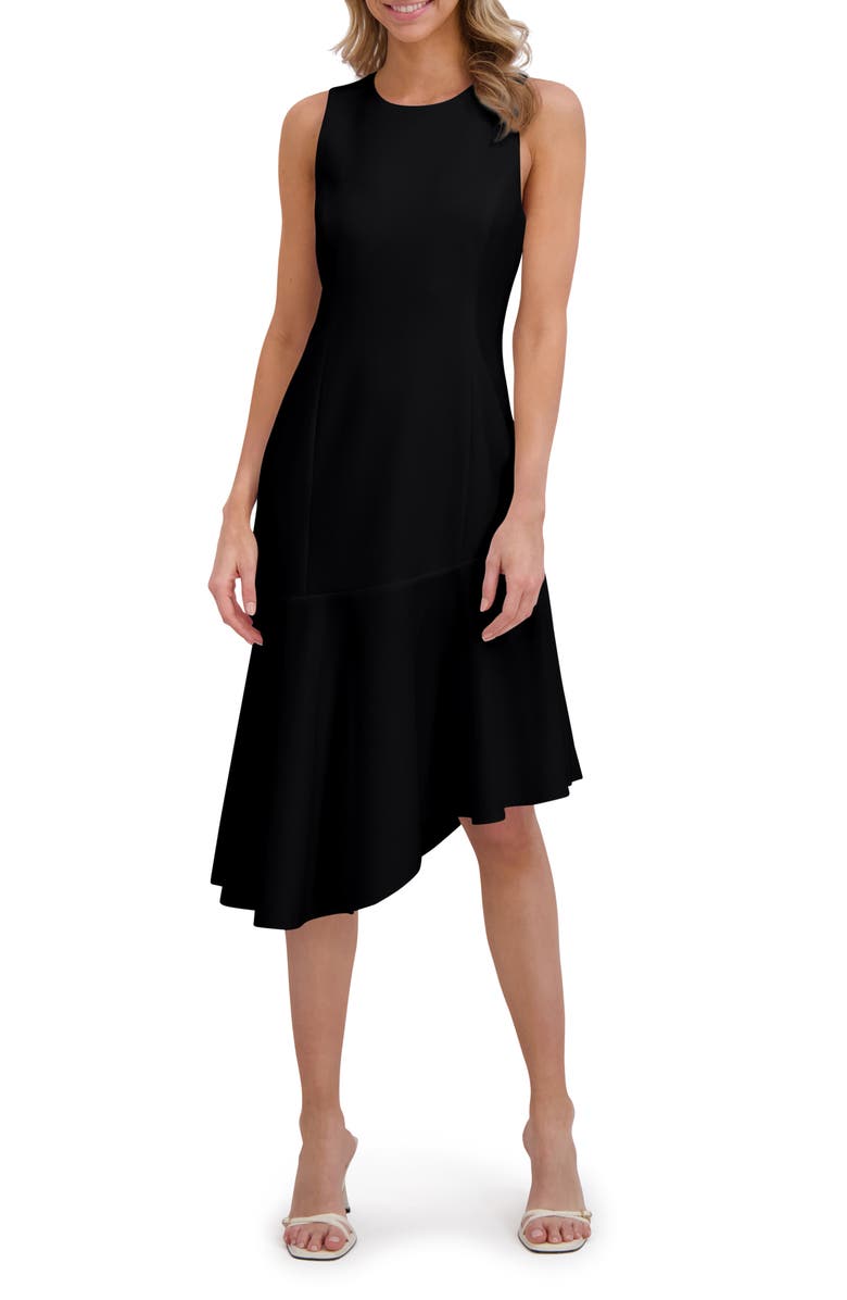 Ted Baker Asymmetric Ruffle Sleeveless Midi Dress, Main, color, Rich Black