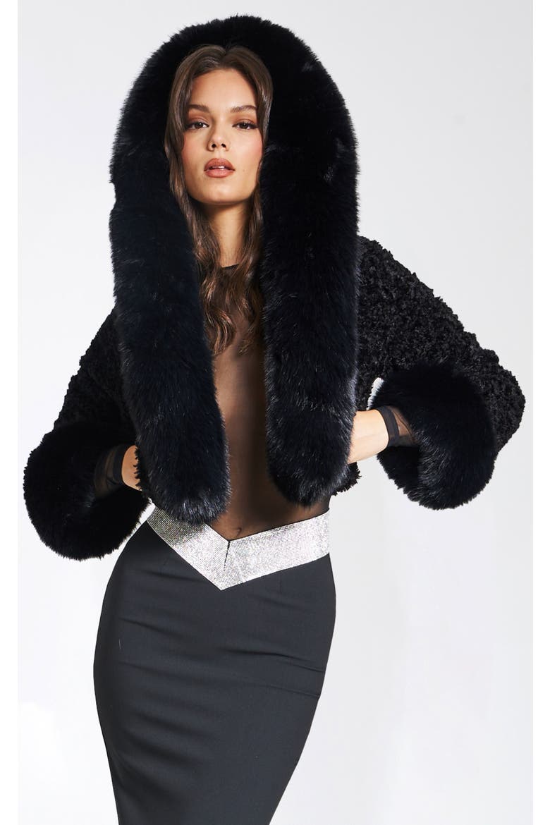 Kali Cropped Faux Fur Jacket With Hood, Main, color, Black