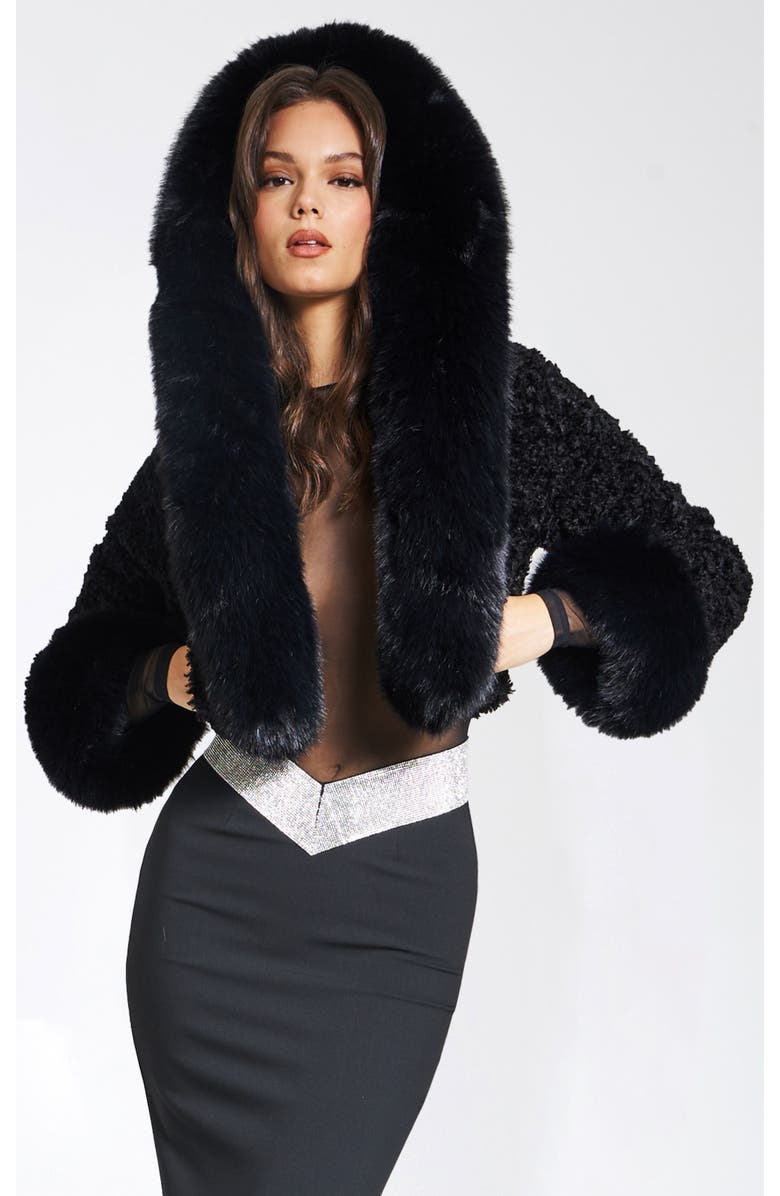Miss Circle Kali Cropped Faux Fur Jacket With Hood, Main, color, Black