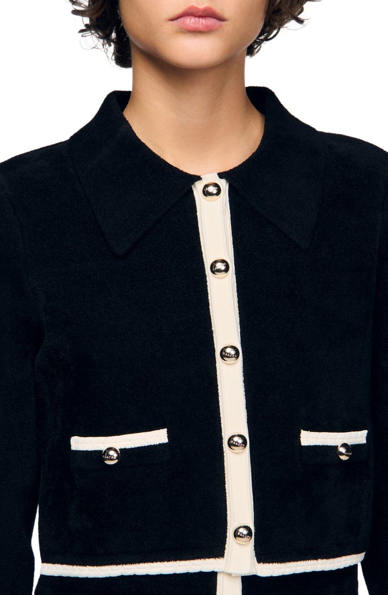 SANDRO Two-tone shirt collar cardigan, Alternate, color, Black