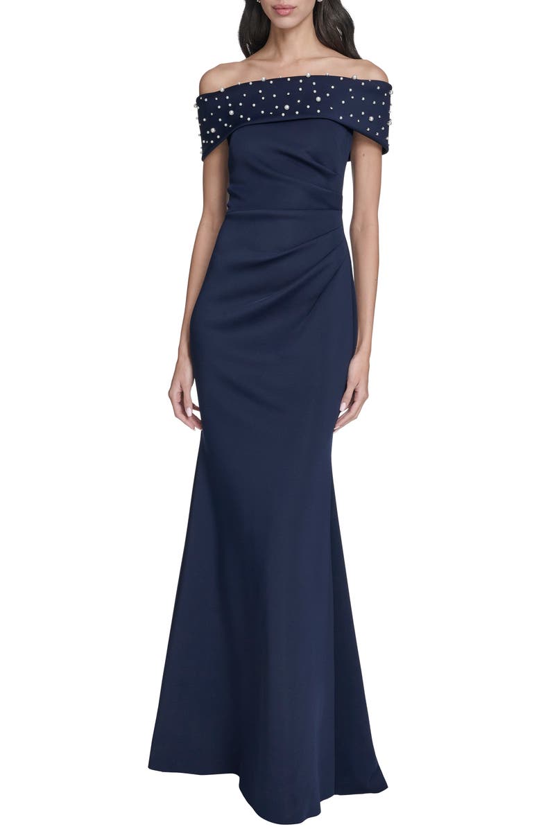 Eliza J Imitation Pearl Off the Shoulder Ruched Gown, Main, color, 