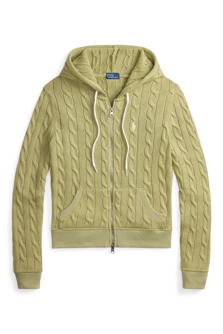 Cable Knit Cotton Zip Hoodie, Alternate, color, LIGHT OLIVE