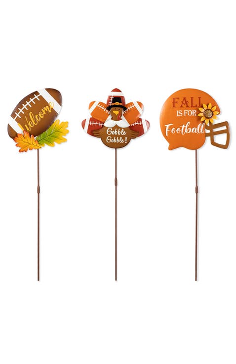 Set of 3 Thanksgiving Metal Football Turkey Yard Stake