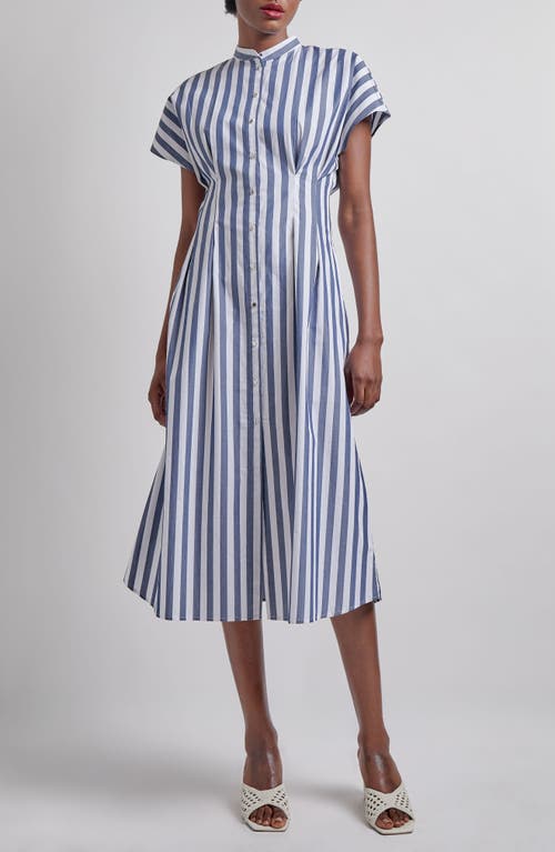 Misook Stand Collar Button Front Midi Dress In Dark Navy/white