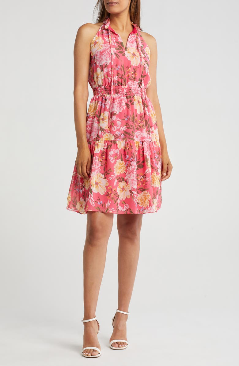 Vince Camuto Floral Ruffle Sleeveless Midi Dress, Main, color, Hot Pink