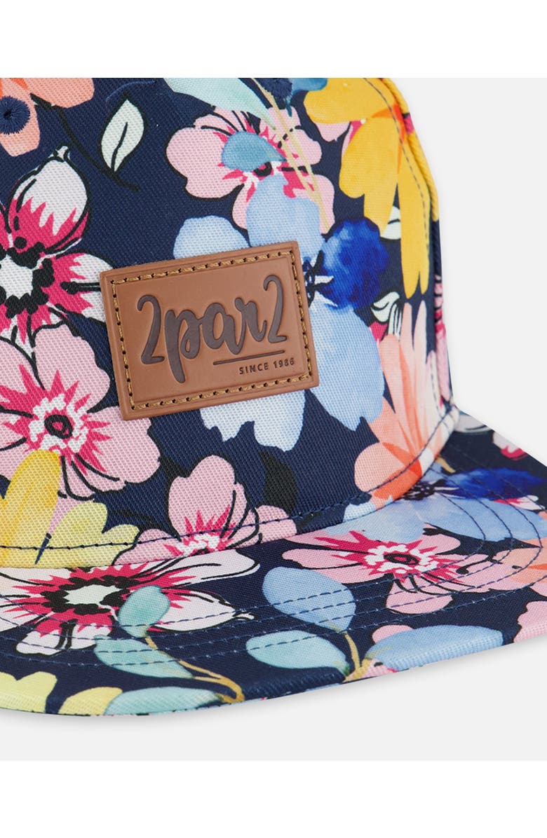 Deux par Deux Girl's Printed Cap Navy And Yellow And Pink Flowers, Alternate, color,