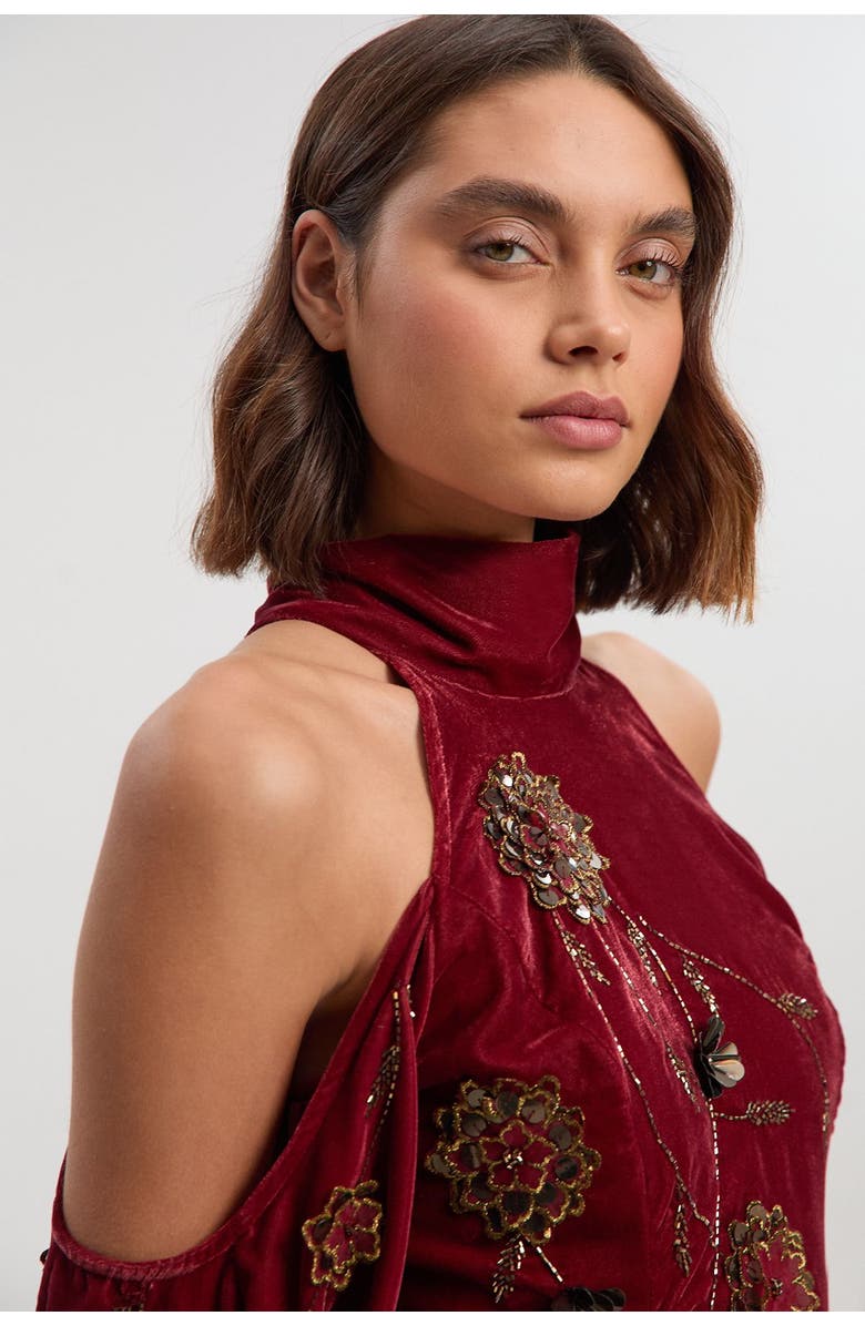 Karen Millen Velvet Embroidered High Neck Maxi Dress, Alternate, color, Rust