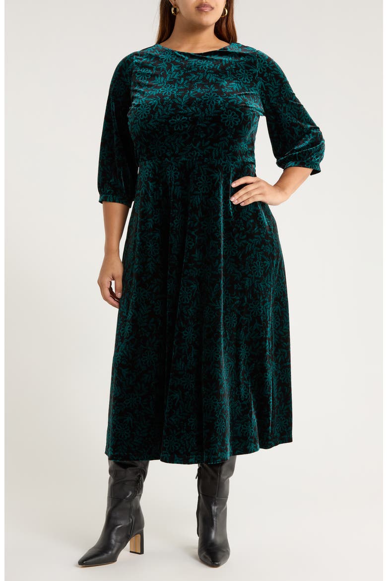 Oak Cottage Velvet Midi Dress, Main, color, EVENING WOODLAND STUDIO GREEN