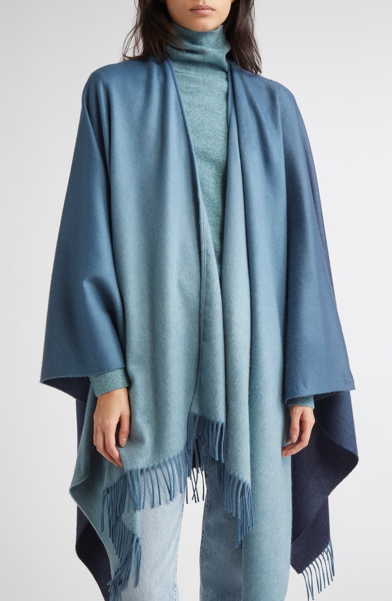 Johnstons of Elgin Ombré Fringe Trim Cashmere Cape, Alternate, color, Seascape / Navy