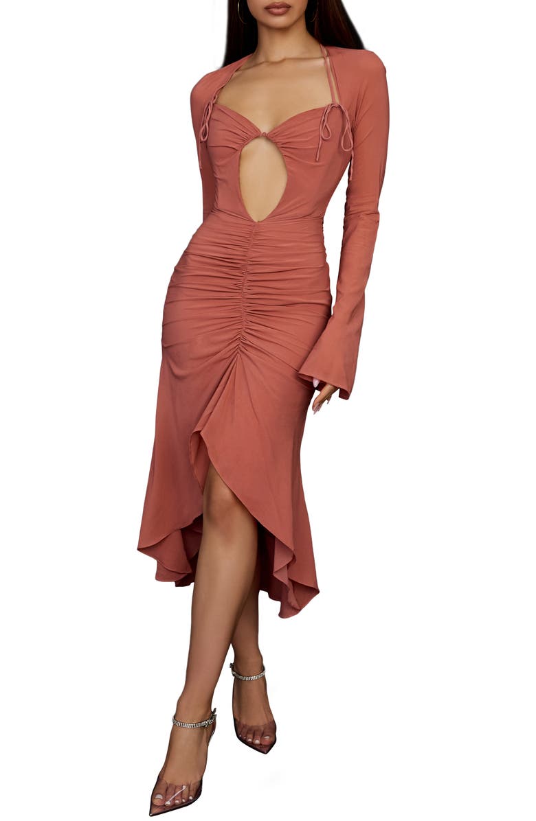 HOUSE OF CB Reine Long Sleeve Silk Blend Cutout Midi Dress, Main, color,