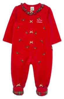 Holly Embroidered Ruffle Cotton Blend Velour Footie
