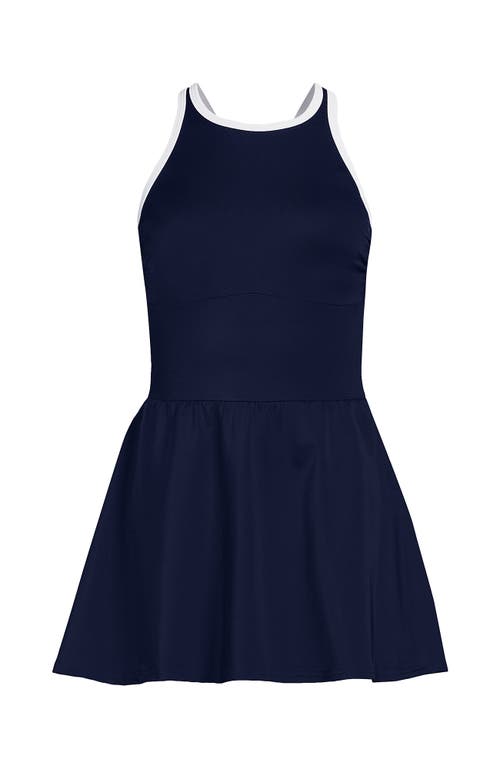Lands' End Chlorine Resistant Tugless High Neck Swim Dress One Piece Swimsuit In Multi