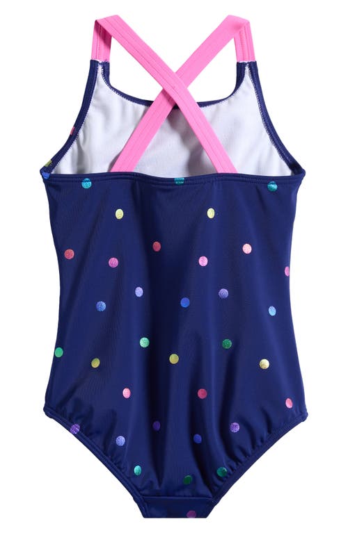 Shop Mini Boden Kids' Polka Dot Crisscross Strap One-piece Swimsuit In Navy Rainbow Confetti Spot