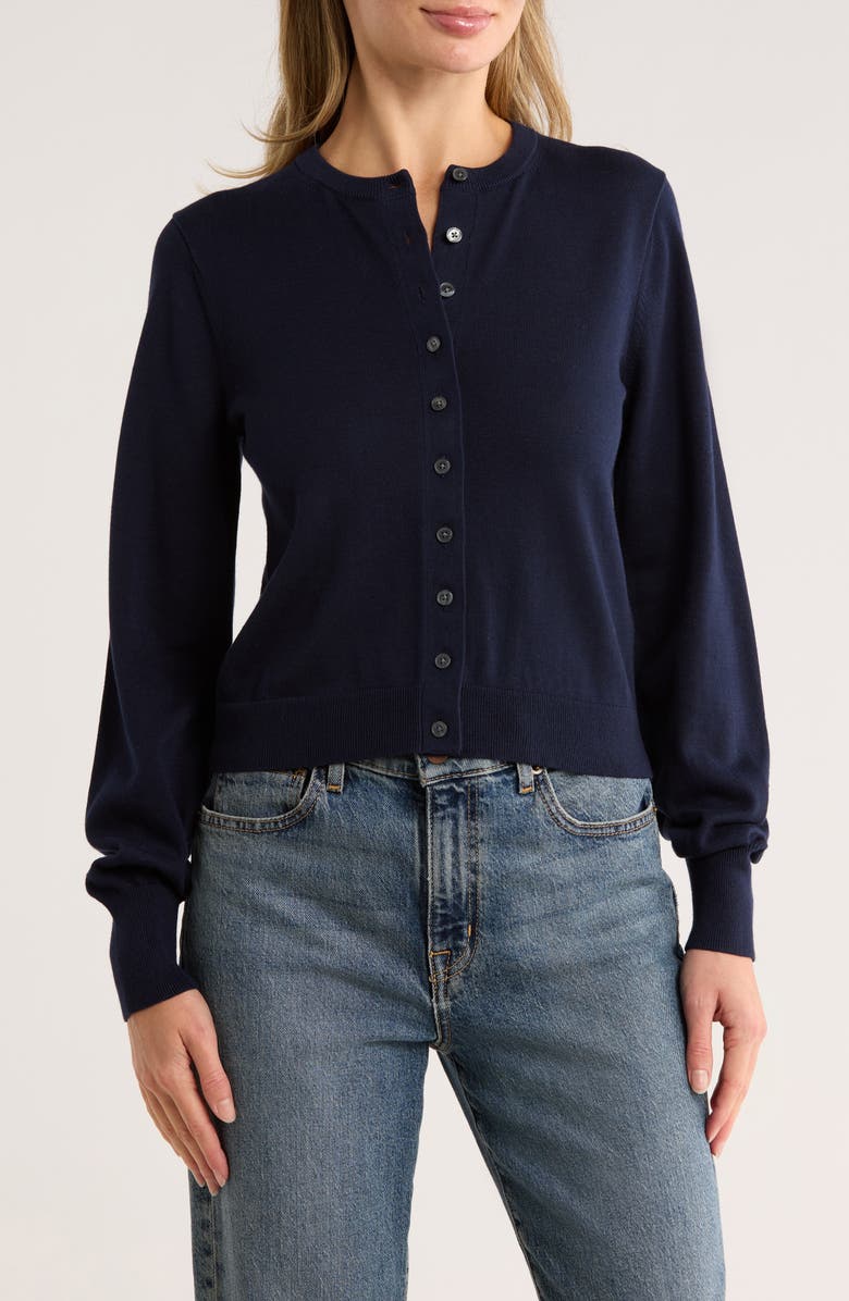 Madewell Cotton Crewneck Cardigan, Main, color, Midnight Navy