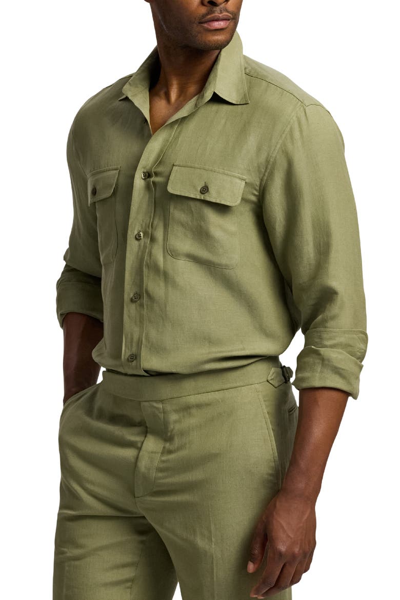 Silk & Linen Button-Up Shirt, Alternate, color, FERN GREEN