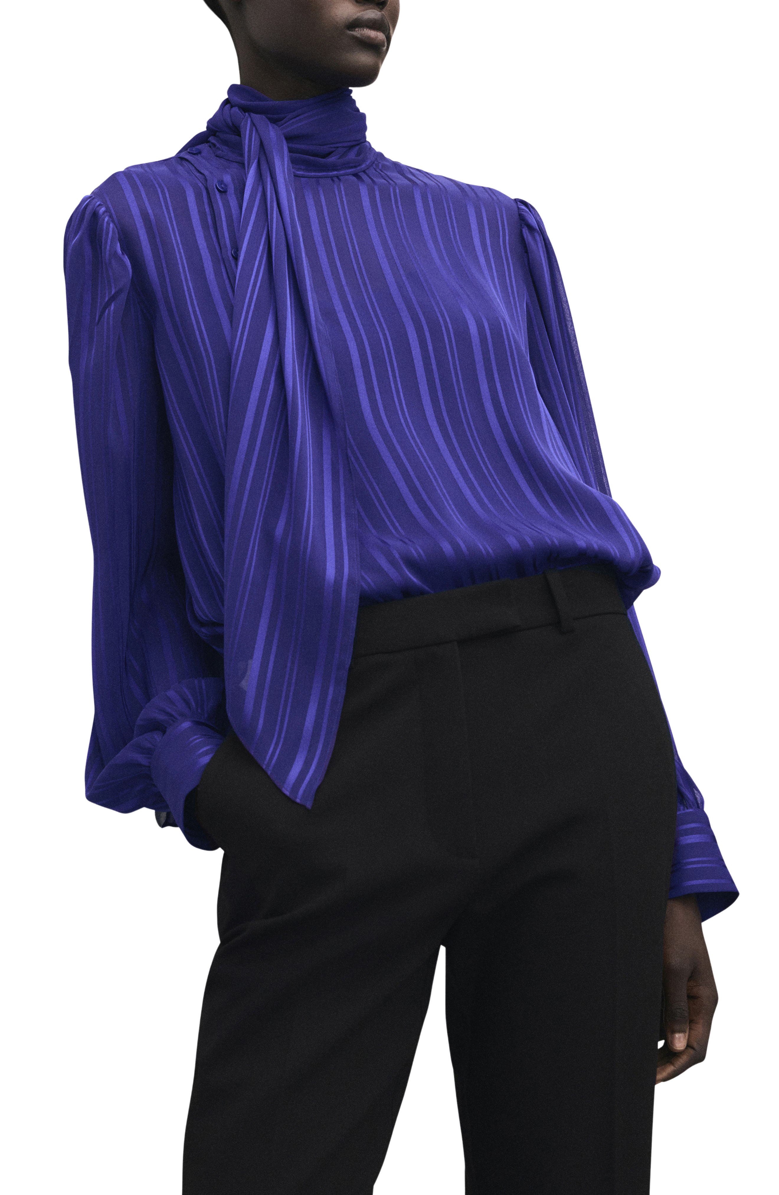 Striped Satin Tie Neck Button Front Top