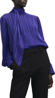 MANGO Striped Satin Tie Neck Button Front Top