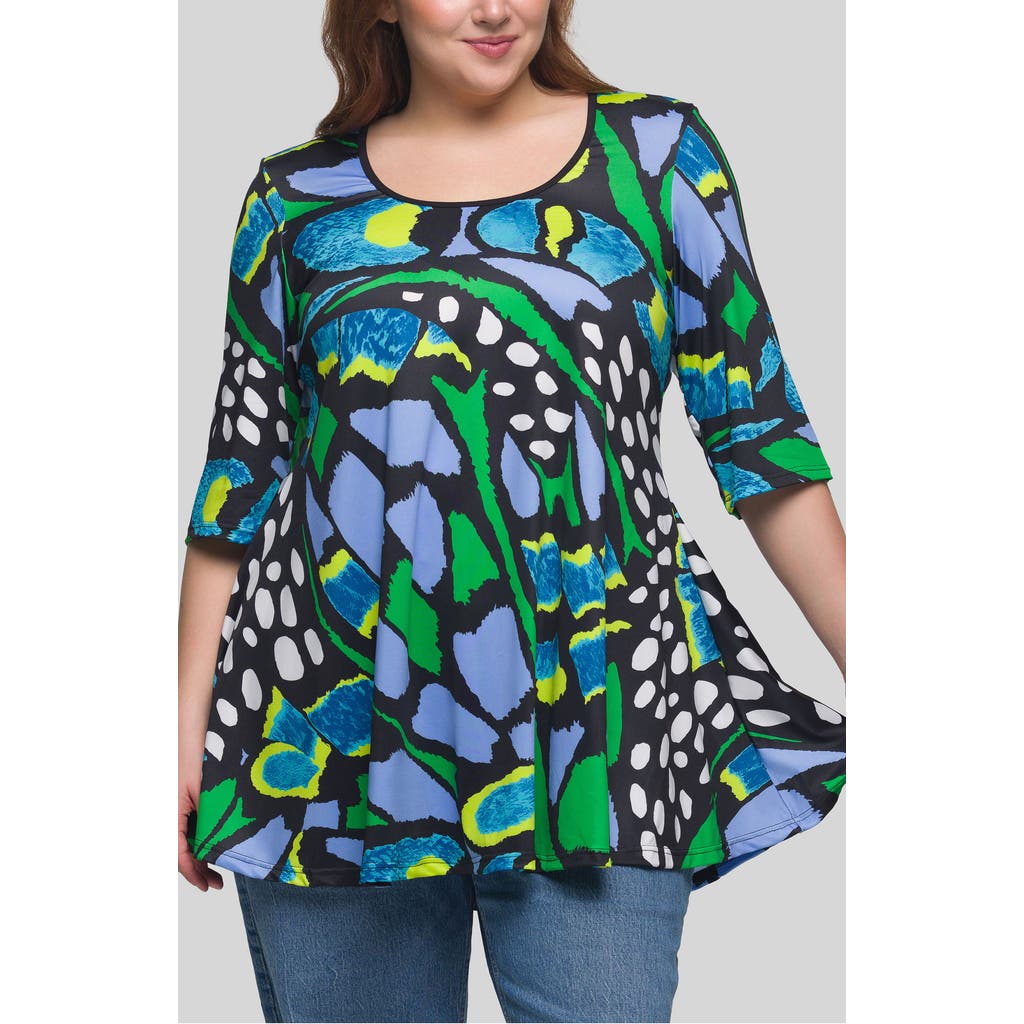24seven Comfort Apparel Plus Size Print Elbow Sleeve Casual Tunic Top In Multi