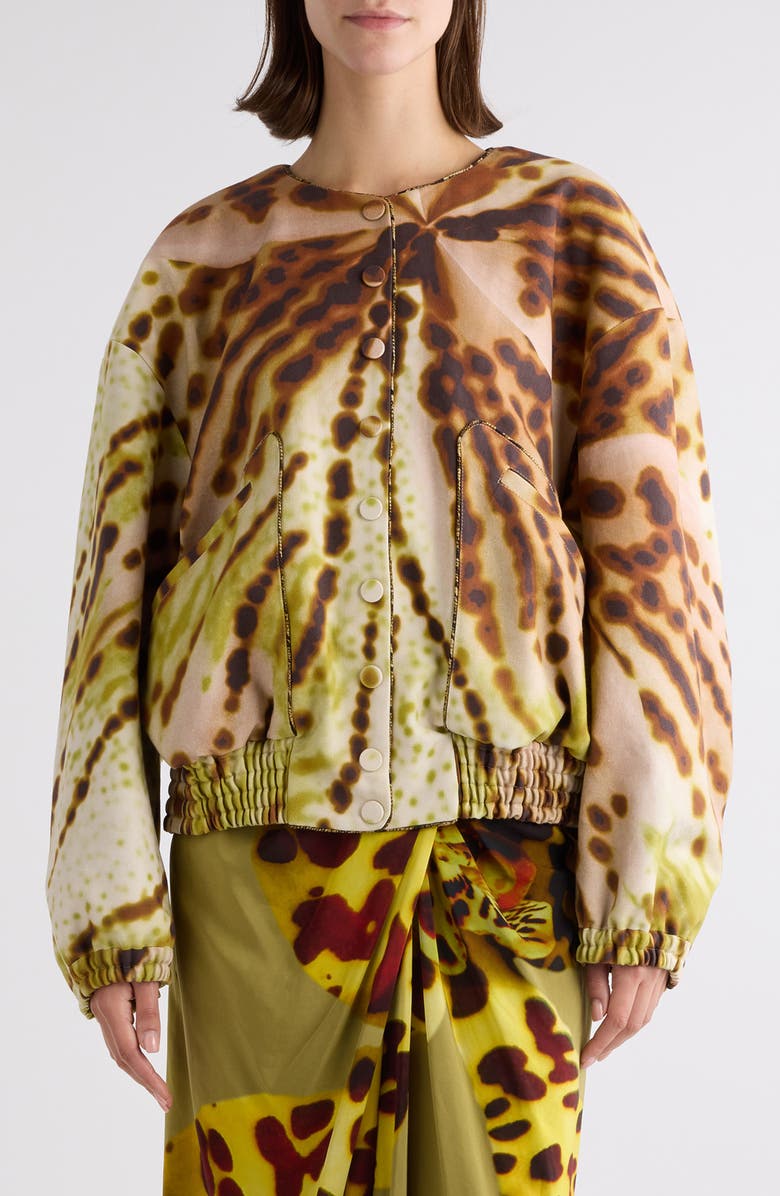 Dries Van Noten Vadon Leopard Orchid Print Cotton Bomber Jacket, Main, color, Olive