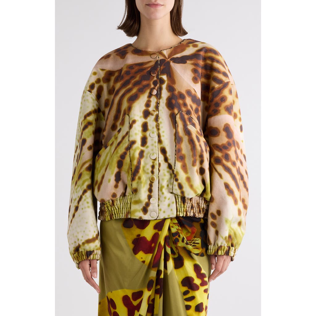 Dries Van Noten Vadon Leopard Orchid Print Cotton Bomber Jacket In Olive