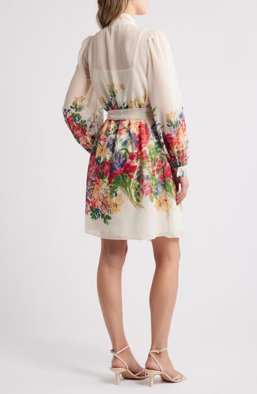 Julia Jordan Floral Print Tie Neck Long Sleeve Dress In Ivory Multi