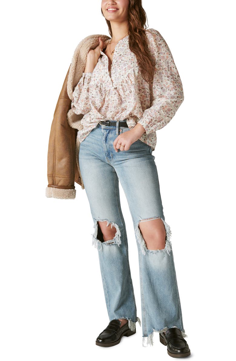 Lucky Brand Lace Inset Long Sleeve Cotton Top, Alternate, color, 