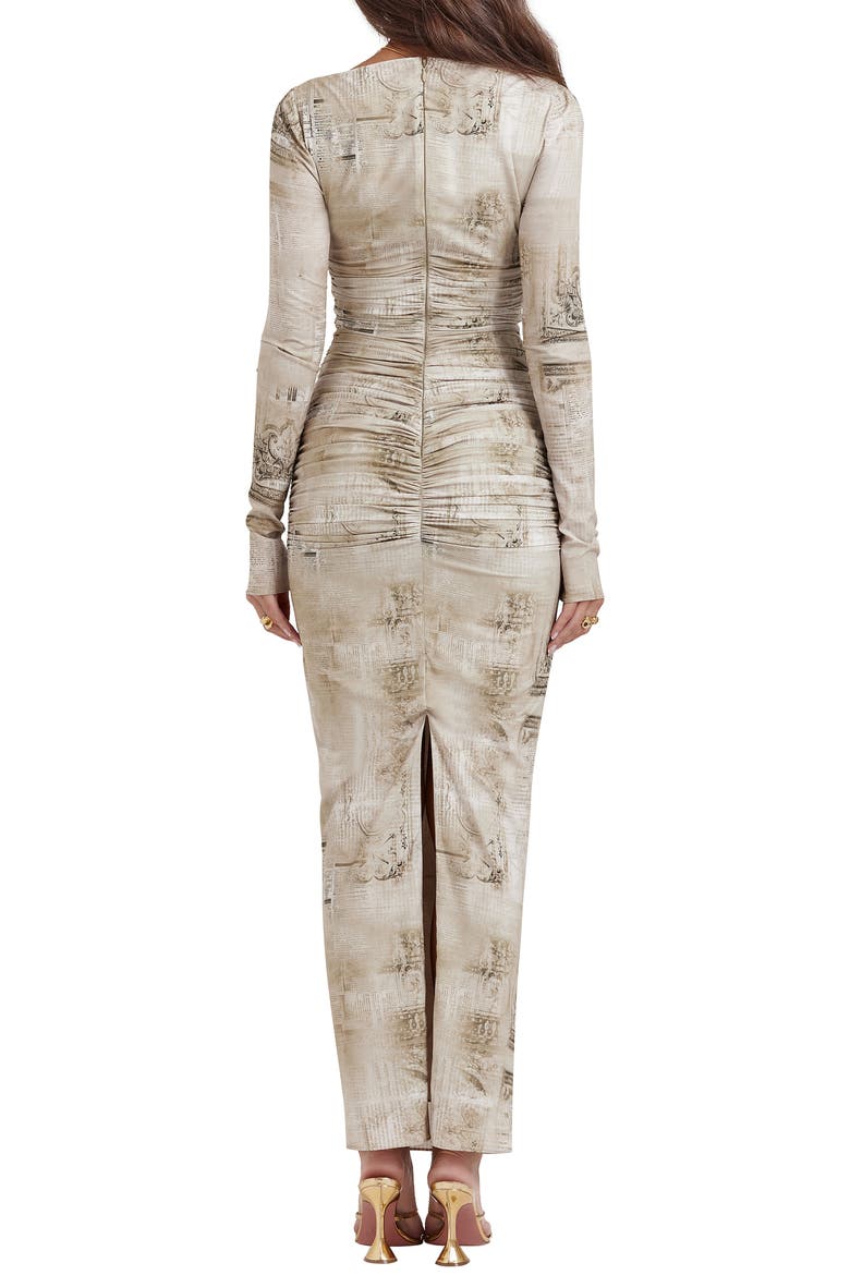 Lanetta Ruched Bateau Neck Long Sleeve Georgette Dress, Alternate, color, SAND PRINT