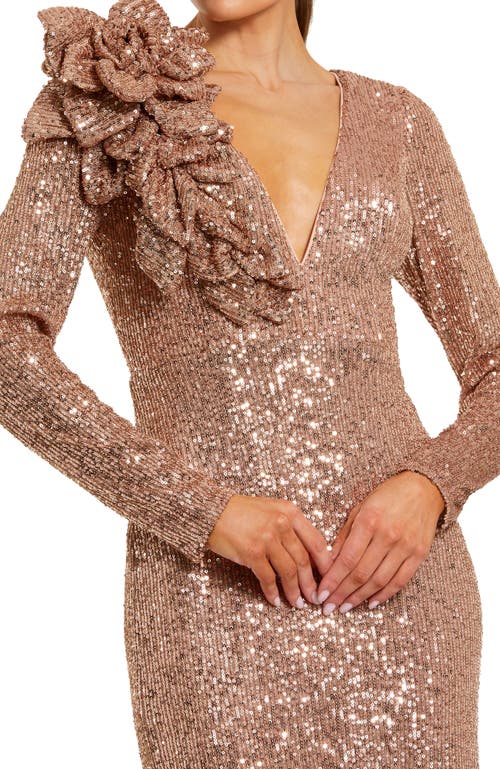 Mac Duggal Long Sleeve V Neck Sequin Gown With 3d Flower In Brown