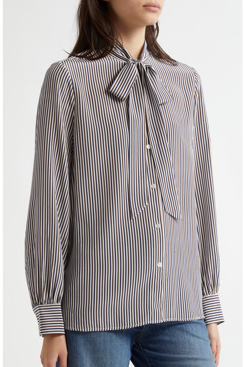 Irina Stripe Tie Neck Silk Button-Up Shirt, Alternate, color, IVY/ BROWN/ NAVY STRIPE