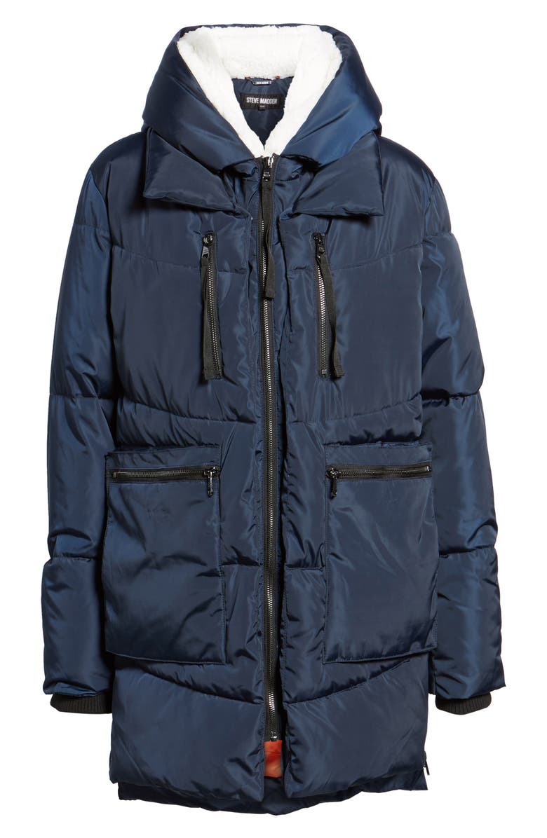 Steve Madden Hooded Puffer Jacket with Faux Shearling Trim, Alternate, color, 