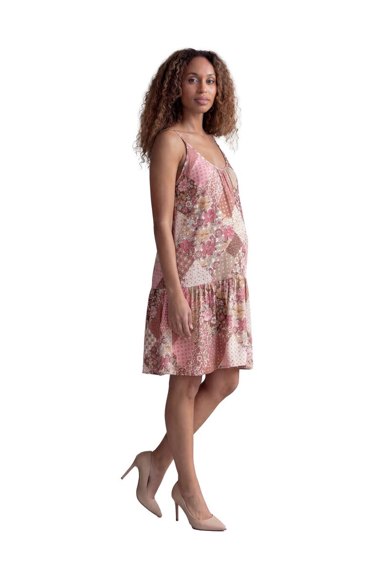 Maternity Essential Patchwork Print Scoop Neck Spaghetti Strap Pocket A-Line Mini Dress, Alternate, color, Pink Multi