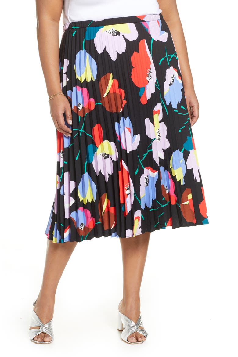Pleated Midi Skirt, Main, color, BLACK MULTI RITA FLORAL