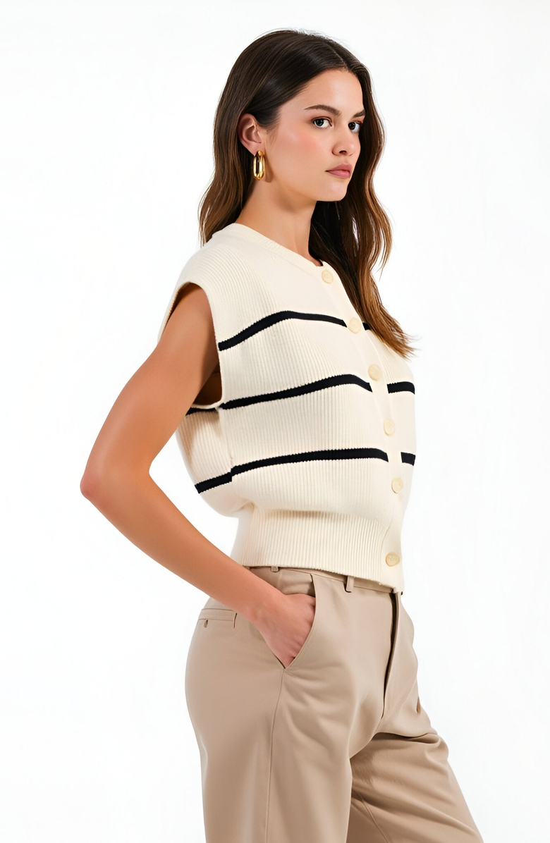 Modenaire Sleeveless Ribbed Knit Cardigan Top with Horizontal Stripe Detail, Alternate, color, 