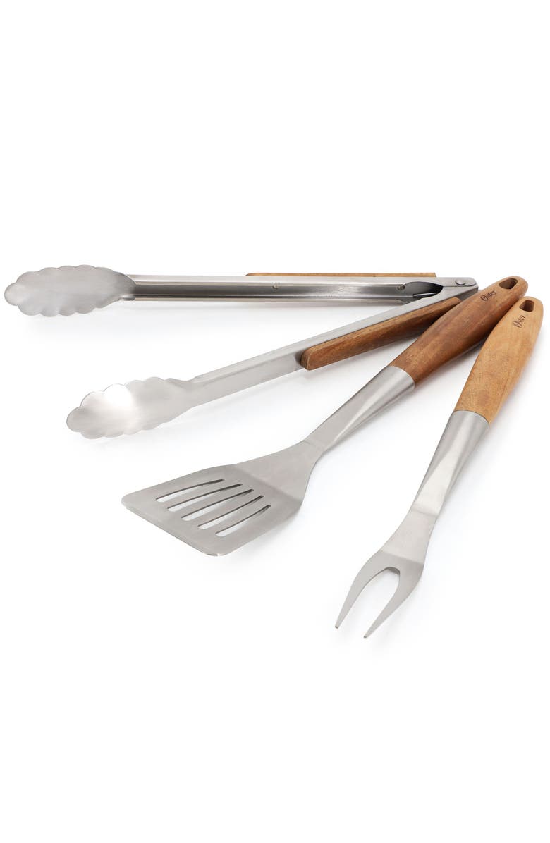 OSTER Balincourt 3 Piece Stainless Steel and Wood BBQ Tool Set, Alternate, color, Brown
