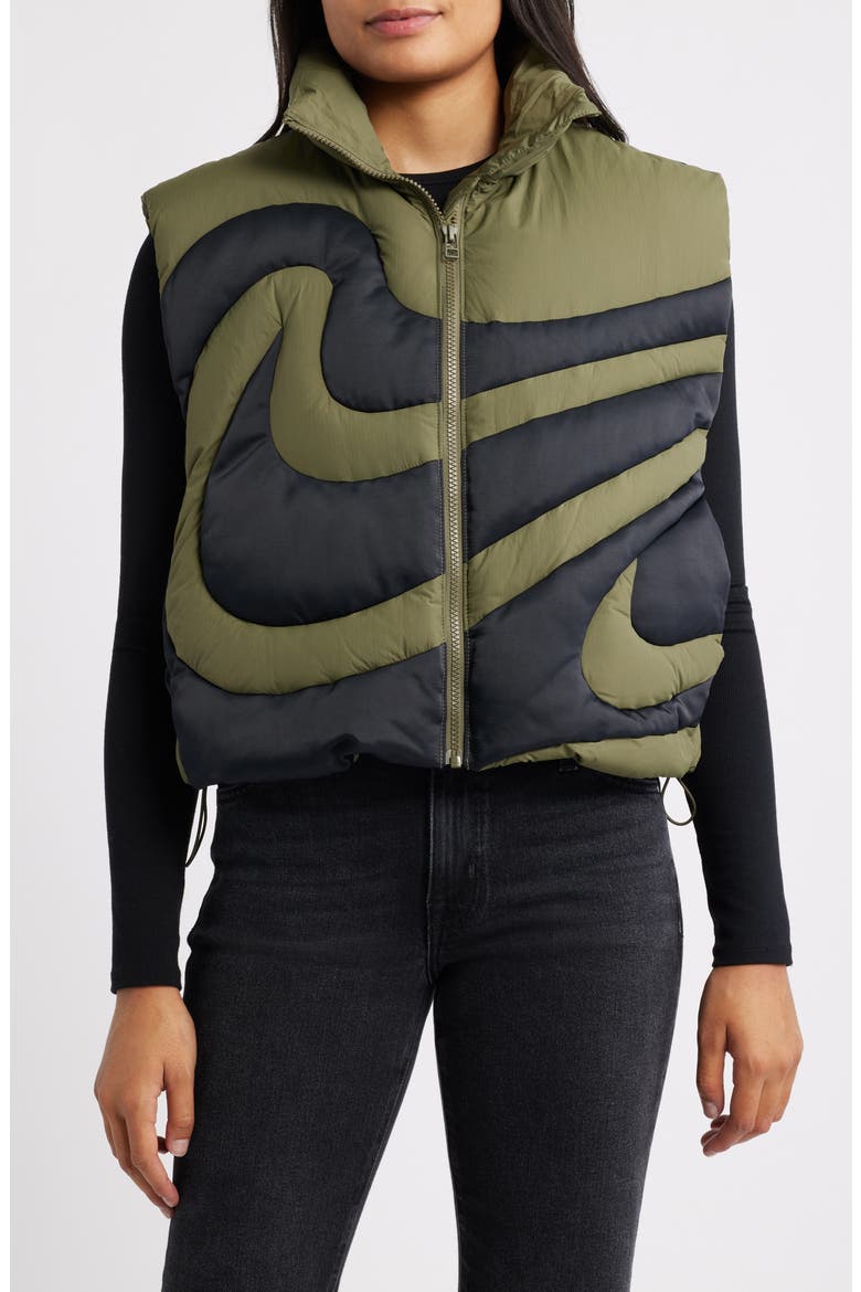 Swoosh Down Vest, Main, color, OLIVE/ BLACK
