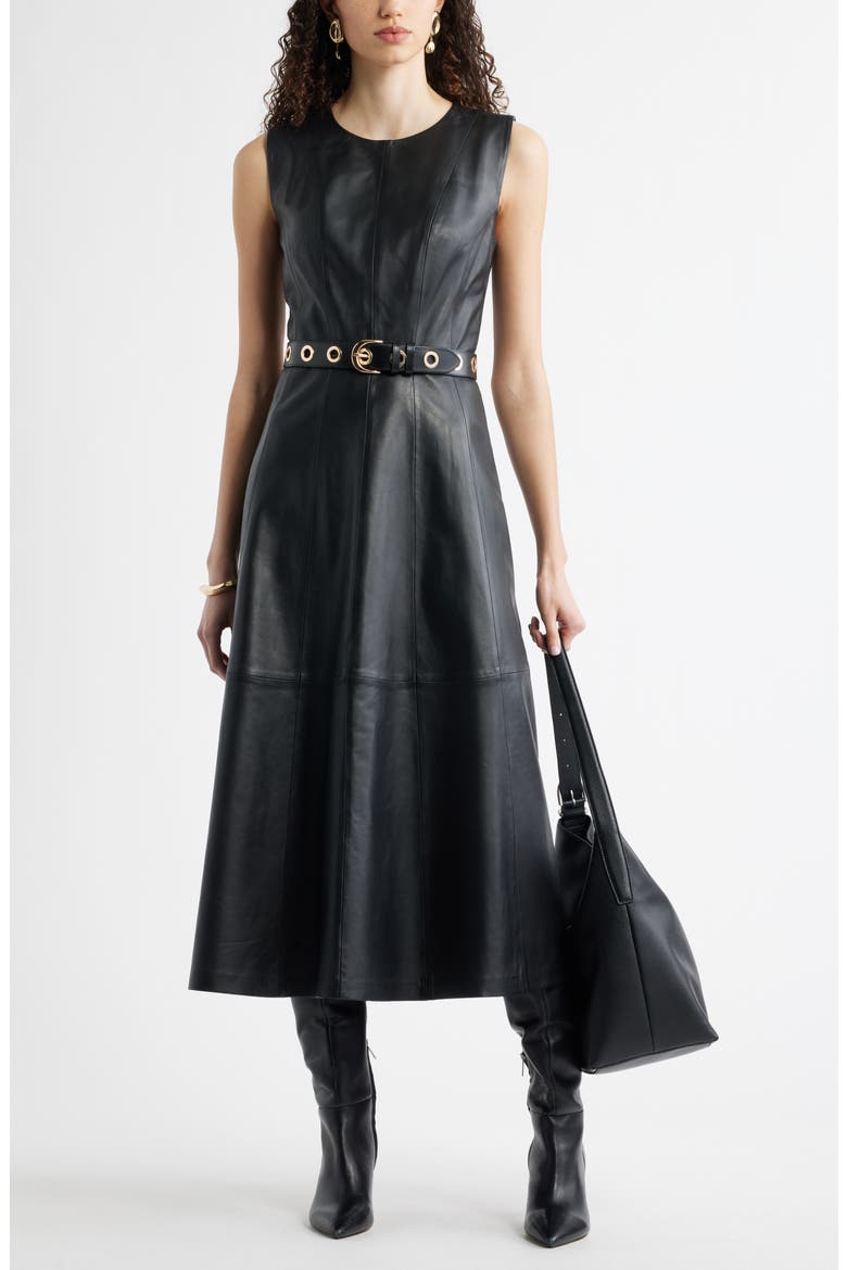 Seamed Leather Midi Dress, Alternate, color, BLACK