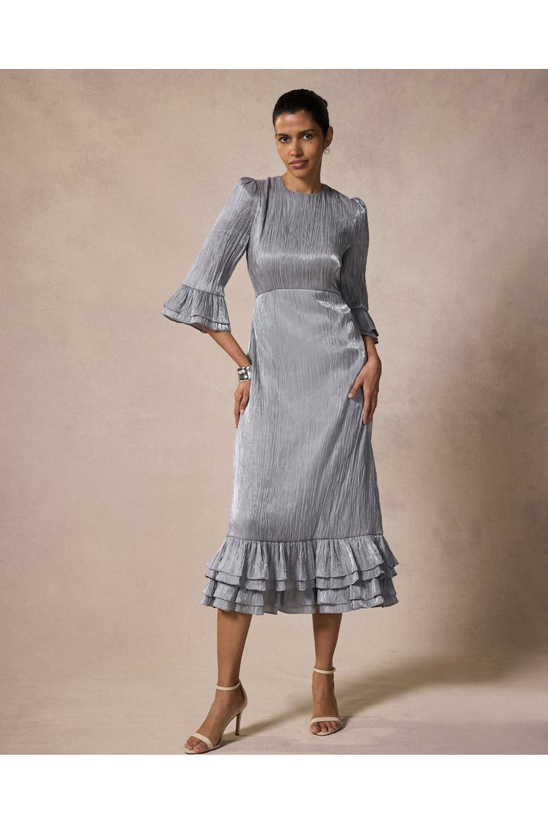 Metallic Ruffle Sleeve Midi Dress, Alternate, color, Silver
