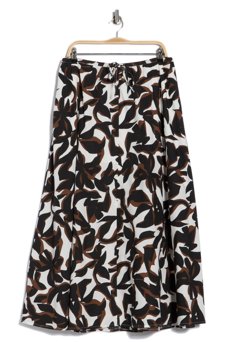 Drawstring Waist Cotton Poplin Maxi Skirt, Alternate, color, IVORY- BLACK ABSTRACT PALM