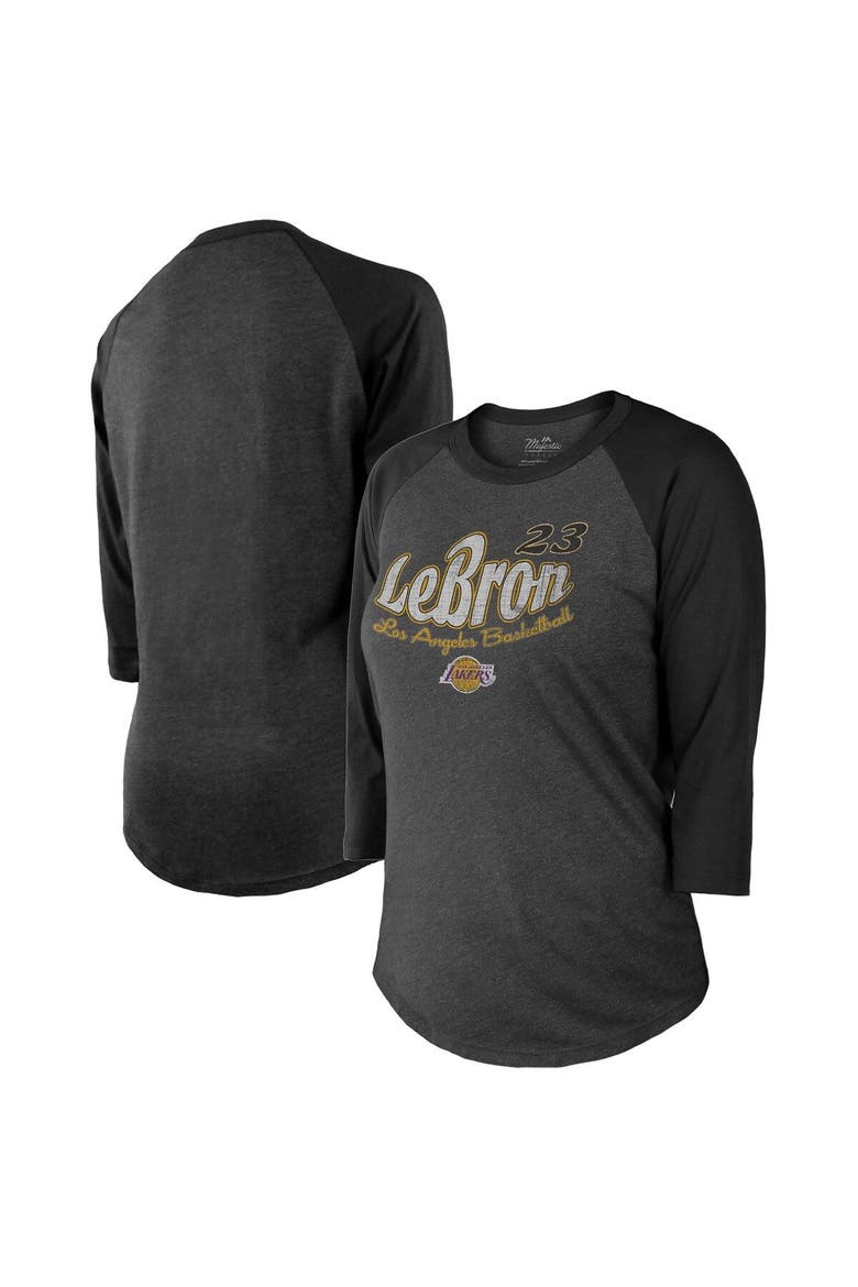 Women's Majestic Threads Black Los Angeles Lakers Lebron Graphic 3/4-Sleeve Tri-Blend Raglan T-Shirt, Main, color, Black