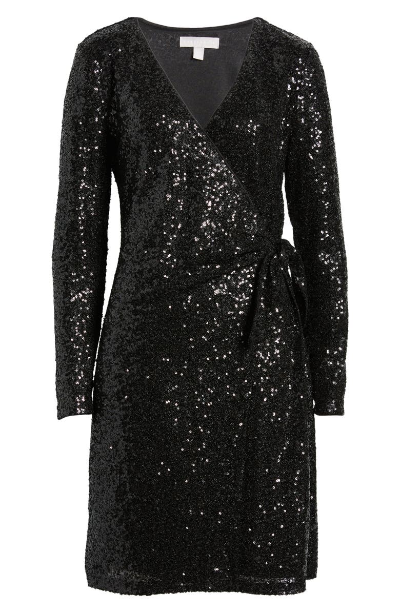 Chelsea28 Long Sleeve Sequin Wrap Minidress, Alternate, color, Black