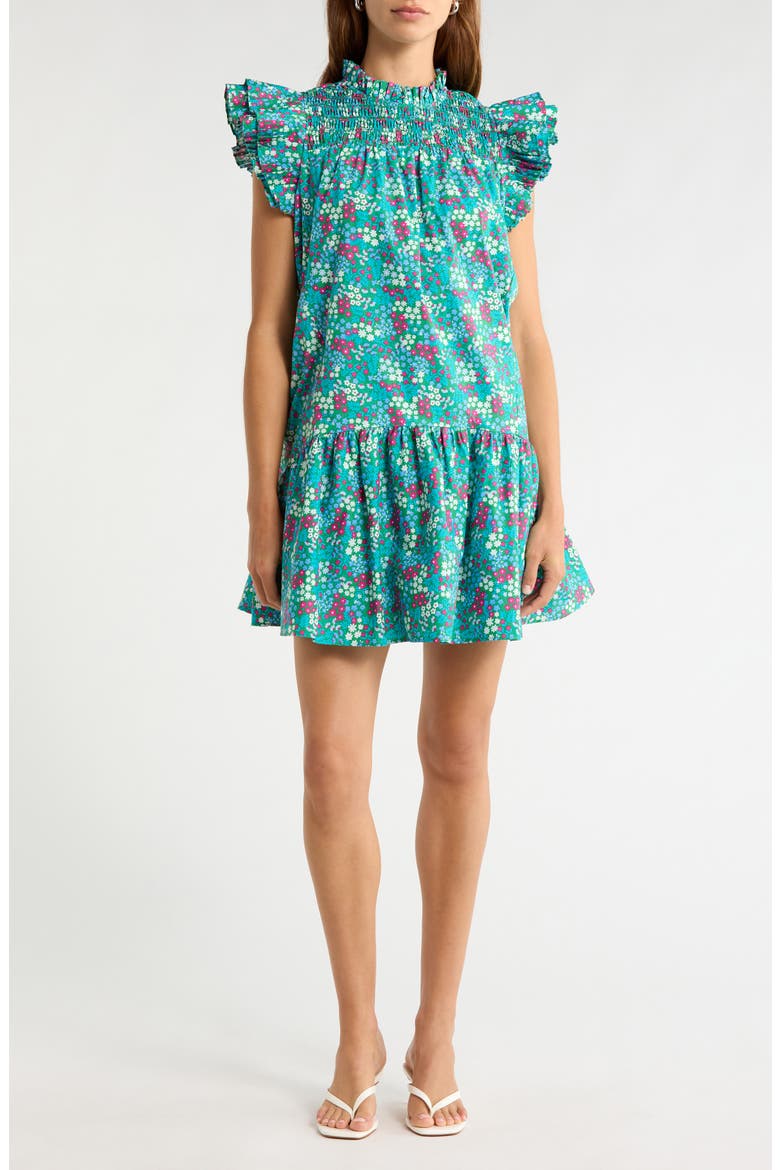 Karela Smocked Ruffle Dress, Main, color, GREEN-BLUES