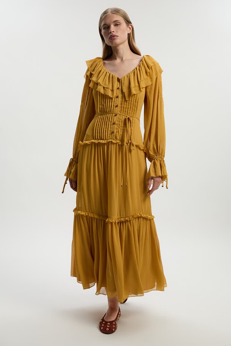Georgette Ruffle Woven Maxi Dress, Main, color, Ochre