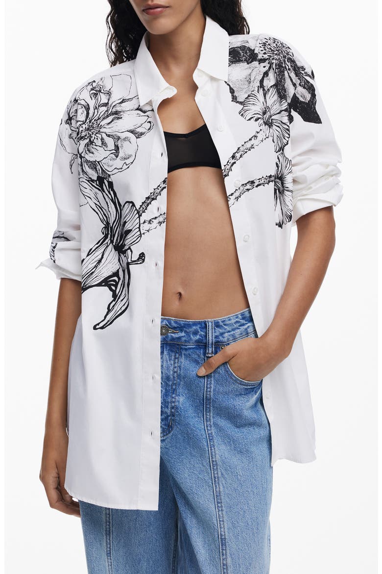 Placed Floral Cotton Button-Up Shirt, Main, color, WHITE